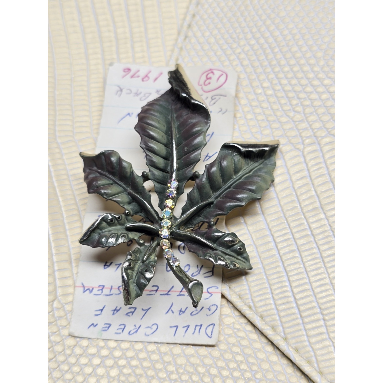 Vintage Bsk Leaf Green Enamel Aurora Borealis Rhinestone Brooch Pin History Note 15$